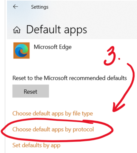 e Settings Default apps Microsoft Edge Reset to the Microsoft recommended defaults Choose default apps by file type Choose default apps by protocol Set defaults by app